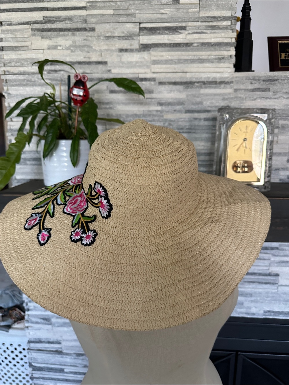 Straw Sun Hat with Pink Floral Embroidery - Women Accessories